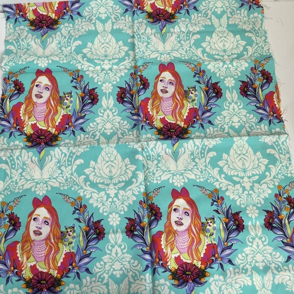 Alice in Wonderland Teal Printed Novelty Whimsical Fabric Cut 44” x 19”
